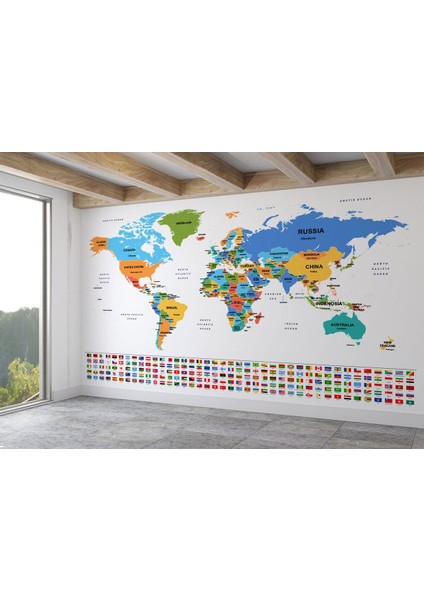 Bayraklı Dünya Haritası Renkli Duvar Kağıdı Ingilizce Ülke ve Başkentli -2413 fiyatları