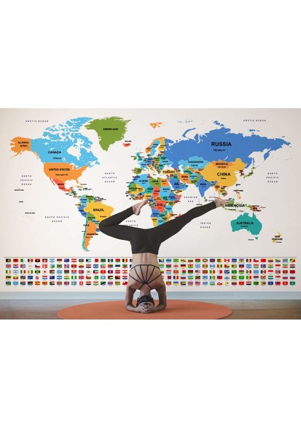 Bayraklı Dünya Haritası Renkli Duvar Kağıdı Ingilizce Ülke ve Başkentli -2413 fırsatları