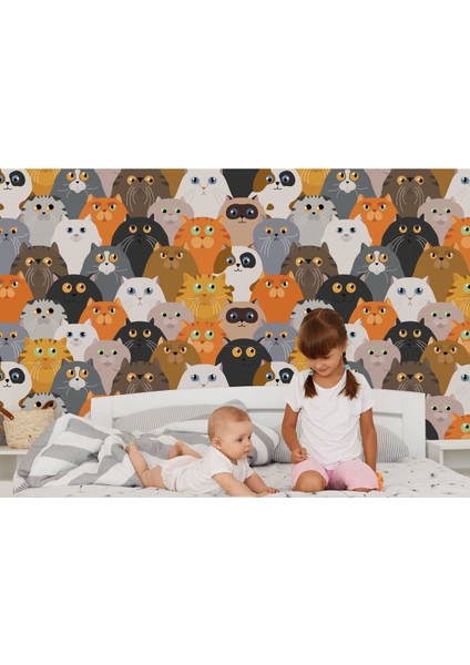 Sevimli Renkli Kediler Desenli Duvar KAĞIDI-5745