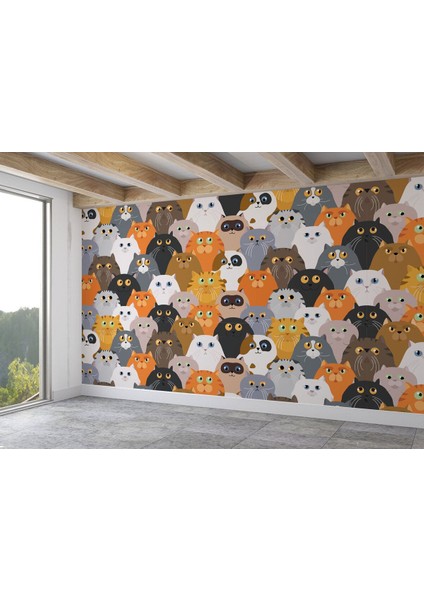 Sevimli Renkli Kediler Desenli Duvar KAĞIDI-5745 fiyatları