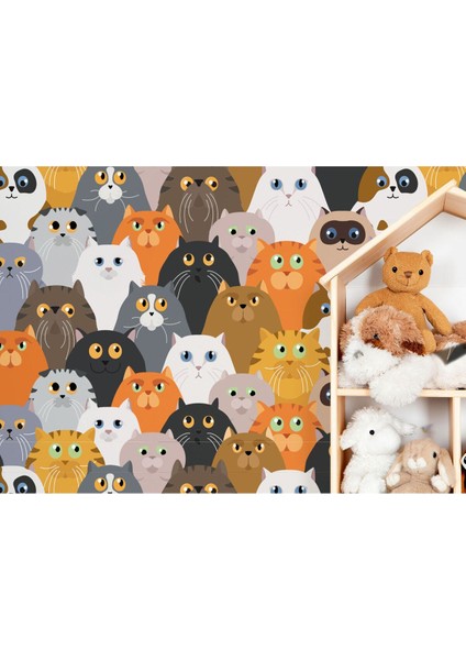 Sevimli Renkli Kediler Desenli Duvar KAĞIDI-5745 fırsatları