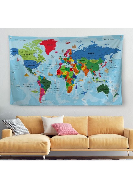 Türkçe Eğitici Ülke ve Başkent Okyanus Detaylı Atlas Dünya Haritası Duvar Örtüsü-Halısı 3866