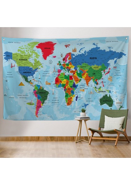 Türkçe Eğitici Ülke ve Başkent Okyanus Detaylı Atlas Dünya Haritası Duvar Örtüsü-Halısı 3866