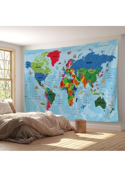 Türkçe Eğitici Ülke ve Başkent Okyanus Detaylı Atlas Dünya Haritası Duvar Örtüsü-Halısı 3866