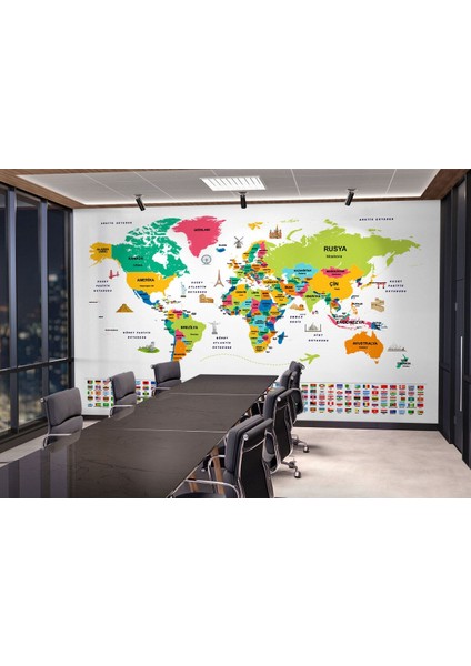 Db Türkçe Dünya Haritası Ülke Bayrak ve Başkentli Duvar KAĞIDI-1950 fiyatları