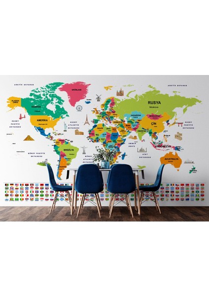 Db Türkçe Dünya Haritası Ülke Bayrak ve Başkentli Duvar KAĞIDI-1950 fırsatları