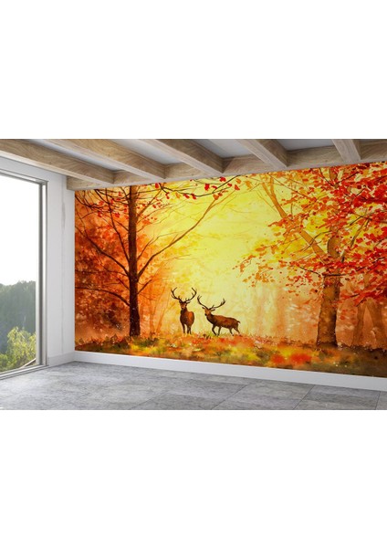 Sonbahar ve Ormandaki Geyikler Yağlıboya Görünüm duvar KAĞIDI-3643 fiyatları