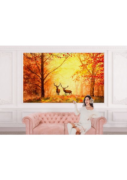 Sonbahar ve Ormandaki Geyikler Yağlıboya Görünüm duvar KAĞIDI-3643 modelleri