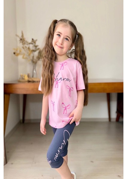 Fiyonk Desenli Kız Çocuk Pembe Renk Taytlı Takım