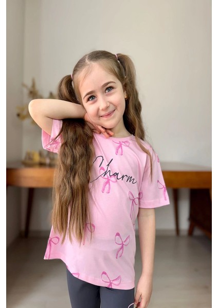 Fiyonk Desenli Kız Çocuk Pembe Renk Taytlı Takım modelleri