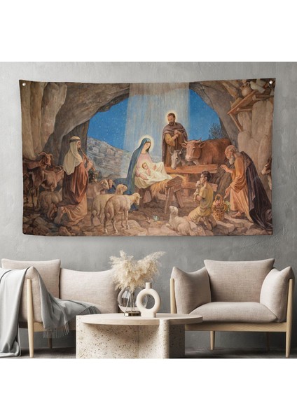 Duvar Örtüsü / Halısı Isa'nın Doğumu ve Meryem Kaliteli Kanvas KUMAŞ-4067