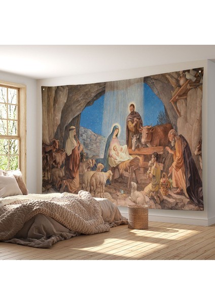 Duvar Örtüsü / Halısı Isa'nın Doğumu ve Meryem Kaliteli Kanvas KUMAŞ-4067