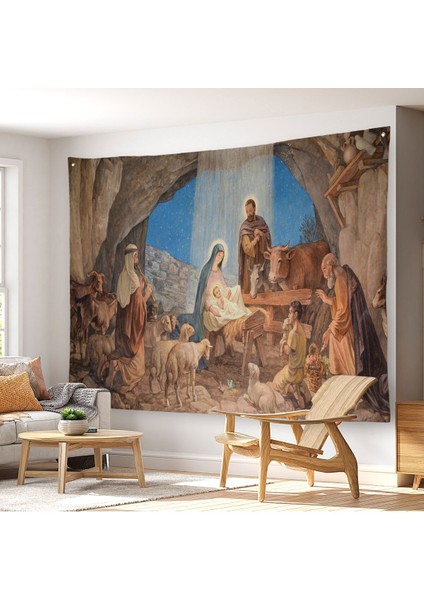 Duvar Örtüsü / Halısı Isa'nın Doğumu ve Meryem Kaliteli Kanvas KUMAŞ-4067