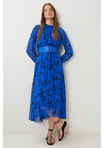 Kemerli Desenli Volanlı Şifon Elbise LFG0075 Koyu Mavi