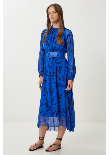 Kemerli Desenli Volanlı Şifon Elbise LFG0075 Koyu Mavi fiyatları