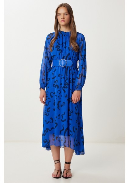 Kemerli Desenli Volanlı Şifon Elbise LFG0075 Koyu Mavi modelleri