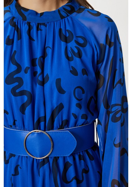 Kemerli Desenli Volanlı Şifon Elbise LFG0075 Koyu Mavi fırsatları