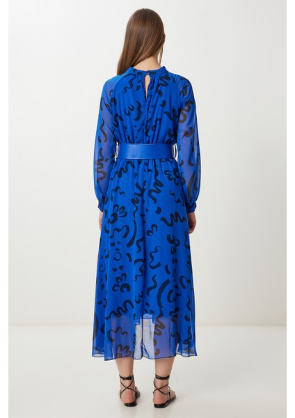 Kemerli Desenli Volanlı Şifon Elbise LFG0075 Koyu Mavi indirimleri