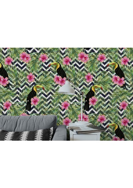 Tropikal Papağanlar Çiçekli Ağaç Yaprakları Duvar KAĞIDI-5569