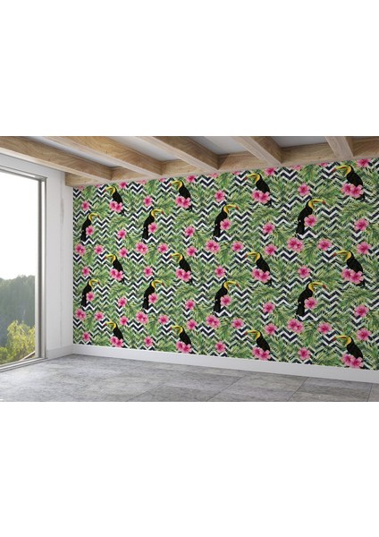 Tropikal Papağanlar Çiçekli Ağaç Yaprakları Duvar KAĞIDI-5569 fiyatları