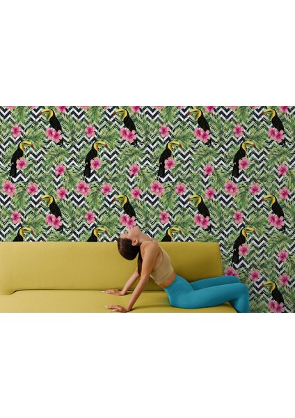 Tropikal Papağanlar Çiçekli Ağaç Yaprakları Duvar KAĞIDI-5569 fırsatları