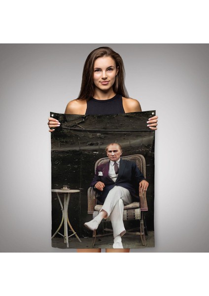 Mustafa Kemal Atatürk'ün Sandalyede Oturan Duvar Örtüsü-Halısı -6379 fiyatları