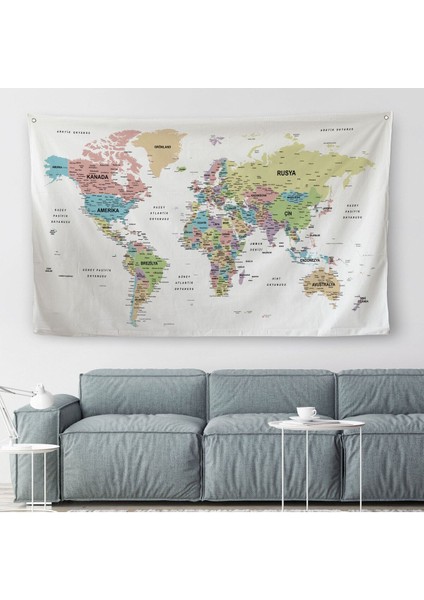 Türkçe Eğitici Ülke ve Başkent Detaylı Atlası Dünya Haritası Duvar Örtüsü-Halısı 3850
