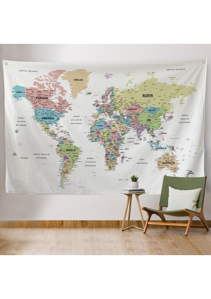 Türkçe Eğitici Ülke ve Başkent Detaylı Atlası Dünya Haritası Duvar Örtüsü-Halısı 3850