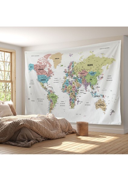 Türkçe Eğitici Ülke ve Başkent Detaylı Atlası Dünya Haritası Duvar Örtüsü-Halısı 3850