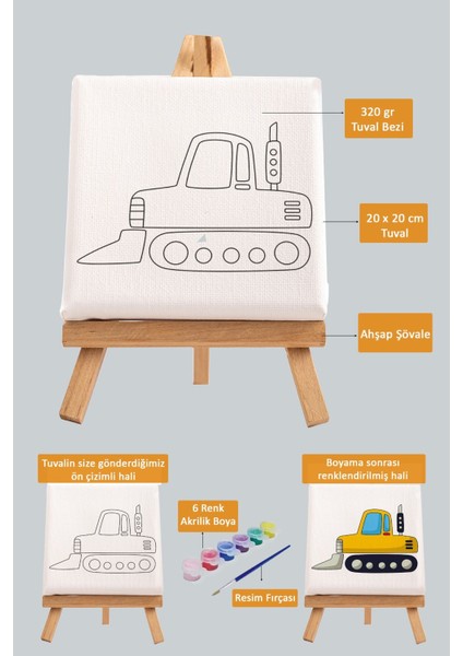 Sevimli Sarı Iş Makinası, Erkek Çocuğu Eğitici Tuval Boyama SETI-9026