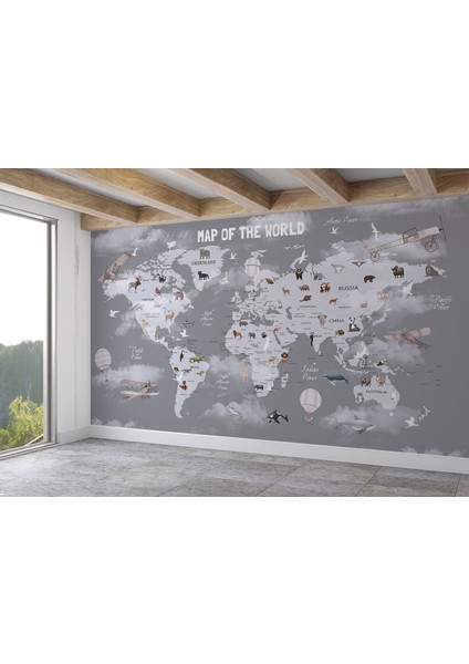Dünya Haritası Çocuk ve Bebek Odası Hayvanlar Alemi Duvar KAĞIDI-3811