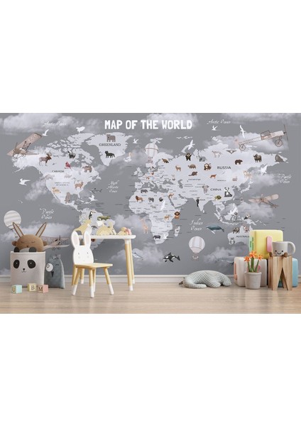 Dünya Haritası Çocuk ve Bebek Odası Hayvanlar Alemi Duvar KAĞIDI-3811 fırsatları
