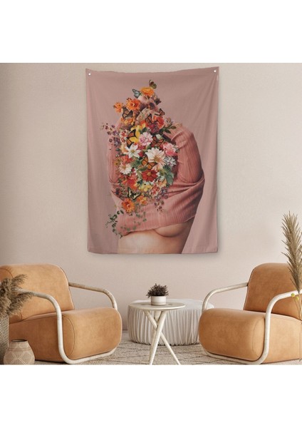 Soyunan Kadın Renkli Kelebekler ve Çiçekler Detaylı Duvar Örtüsü - HALISI-606