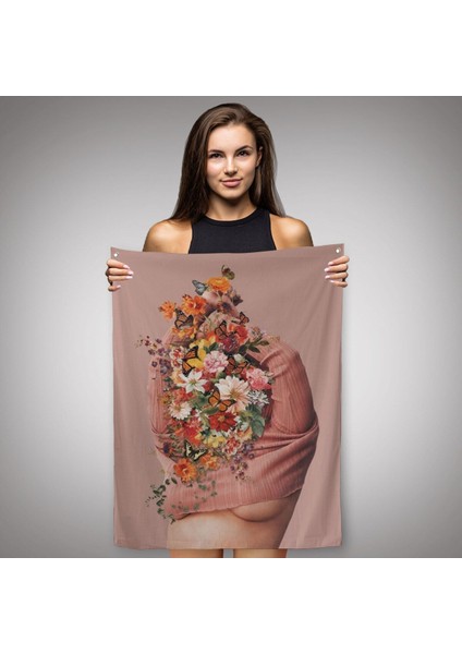 Soyunan Kadın Renkli Kelebekler ve Çiçekler Detaylı Duvar Örtüsü - HALISI-606 fiyatları