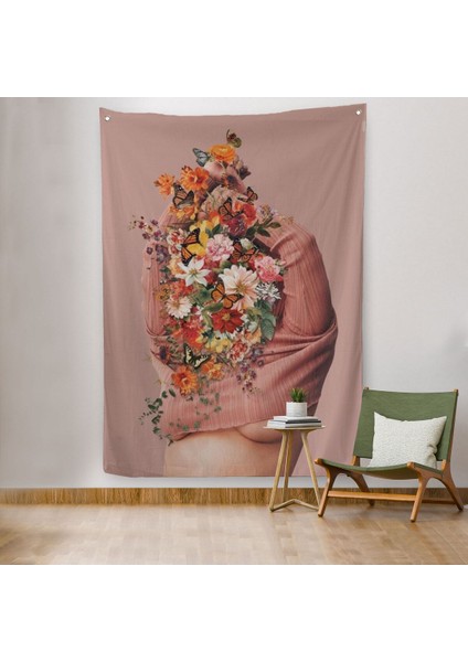 Soyunan Kadın Renkli Kelebekler ve Çiçekler Detaylı Duvar Örtüsü - HALISI-606