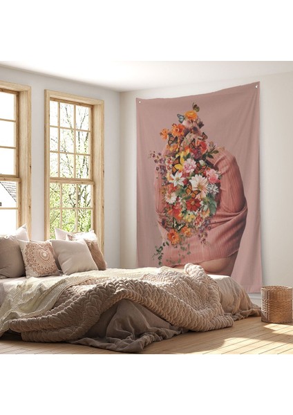 Soyunan Kadın Renkli Kelebekler ve Çiçekler Detaylı Duvar Örtüsü - HALISI-606