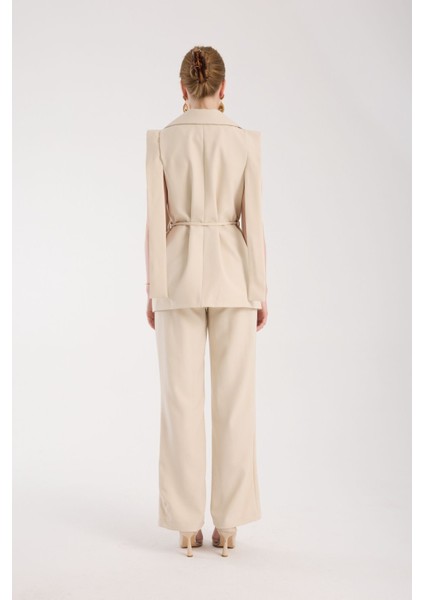 Bej Renk Premium Kumaş Yelek Pantolon Takım Elbise