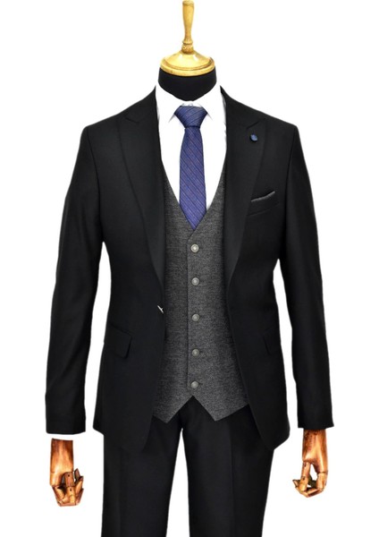 Erkek Siyah Çift Yırtmaçlı Armürlü Yelek Kombinli 6 Drop BGL-ST04478