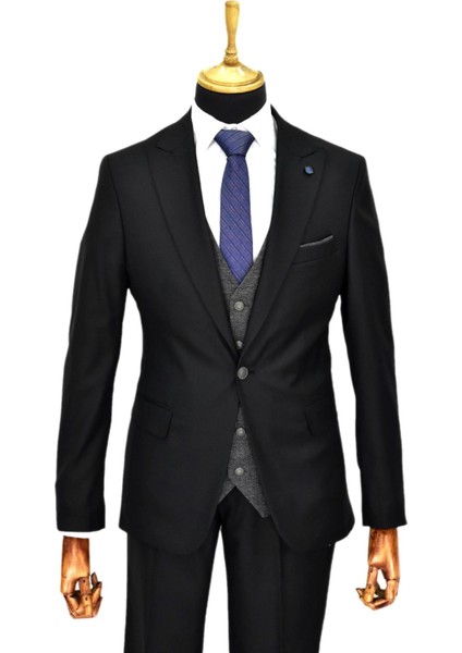 Erkek Siyah Çift Yırtmaçlı Armürlü Yelek Kombinli 6 Drop BGL-ST04478 fiyatları