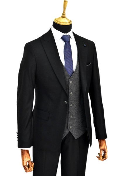 Erkek Siyah Çift Yırtmaçlı Armürlü Yelek Kombinli 6 Drop BGL-ST04478 modelleri