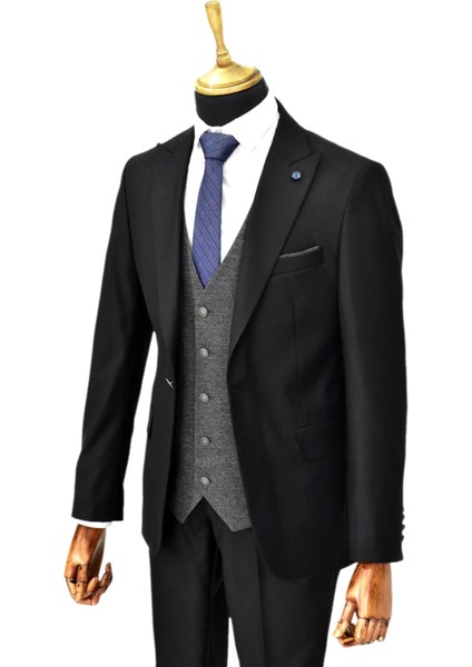 Erkek Siyah Çift Yırtmaçlı Armürlü Yelek Kombinli 6 Drop BGL-ST04478 fırsatları