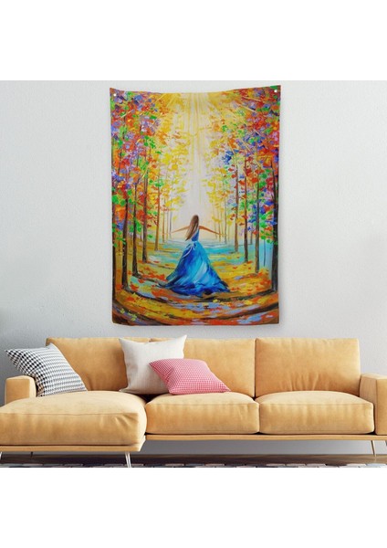 Renkli Ormanda Yürüyen Mavi Elbiseli Kadın Duvar Örtüsü - HALISI-6039
