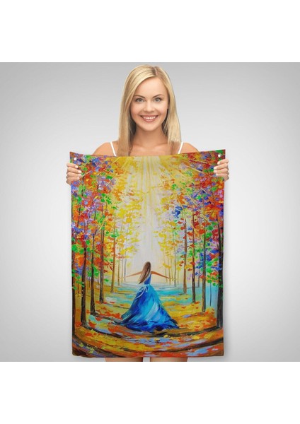Renkli Ormanda Yürüyen Mavi Elbiseli Kadın Duvar Örtüsü - HALISI-6039 fiyatları