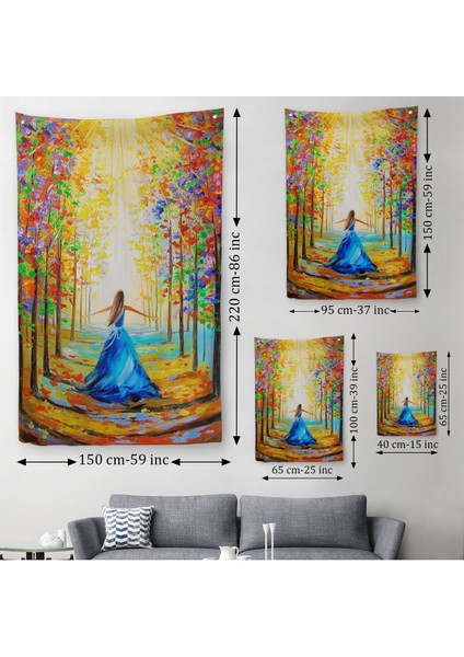 Renkli Ormanda Yürüyen Mavi Elbiseli Kadın Duvar Örtüsü - HALISI-6039 modelleri