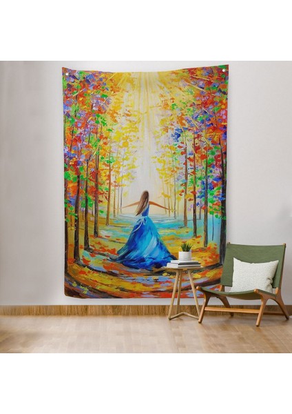 Renkli Ormanda Yürüyen Mavi Elbiseli Kadın Duvar Örtüsü - HALISI-6039