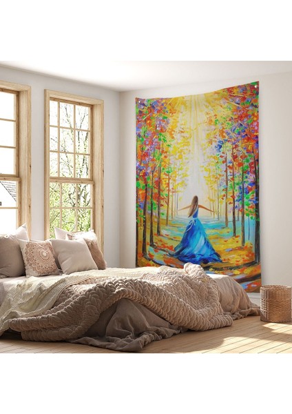 Renkli Ormanda Yürüyen Mavi Elbiseli Kadın Duvar Örtüsü - HALISI-6039