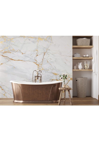 Altın ve Beyaz Soyut Mermer Desenli Duvar KAĞIDI-5519