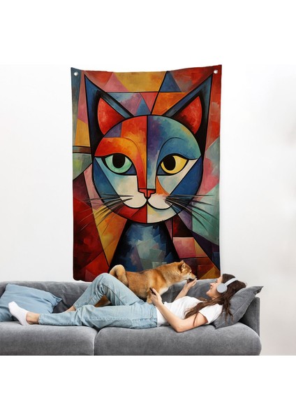 Pablo Picasso Tarzı - Soyut Renkli Kedi Duvar ÖRTÜSÜ-7375
