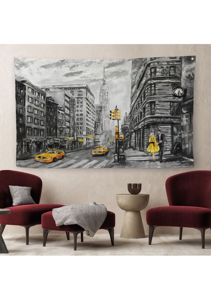 New York Sokakları ve Sarı Taksi Yağlıboya Görünüm Duvar ÖRTÜSÜ-HALISI-3500