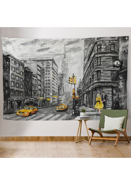 New York Sokakları ve Sarı Taksi Yağlıboya Görünüm Duvar ÖRTÜSÜ-HALISI-3500